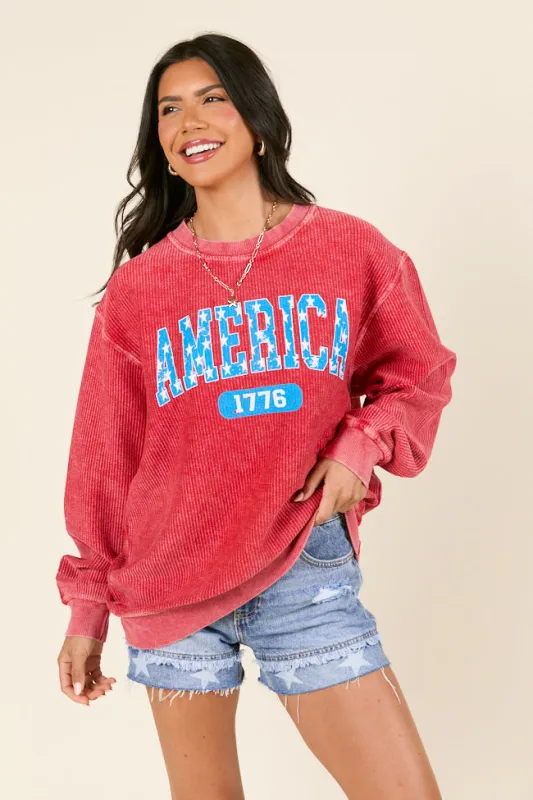 America Star 1776 Red Corded Graphic Sweatshirt FINAL SALE sold by Pink Lily
