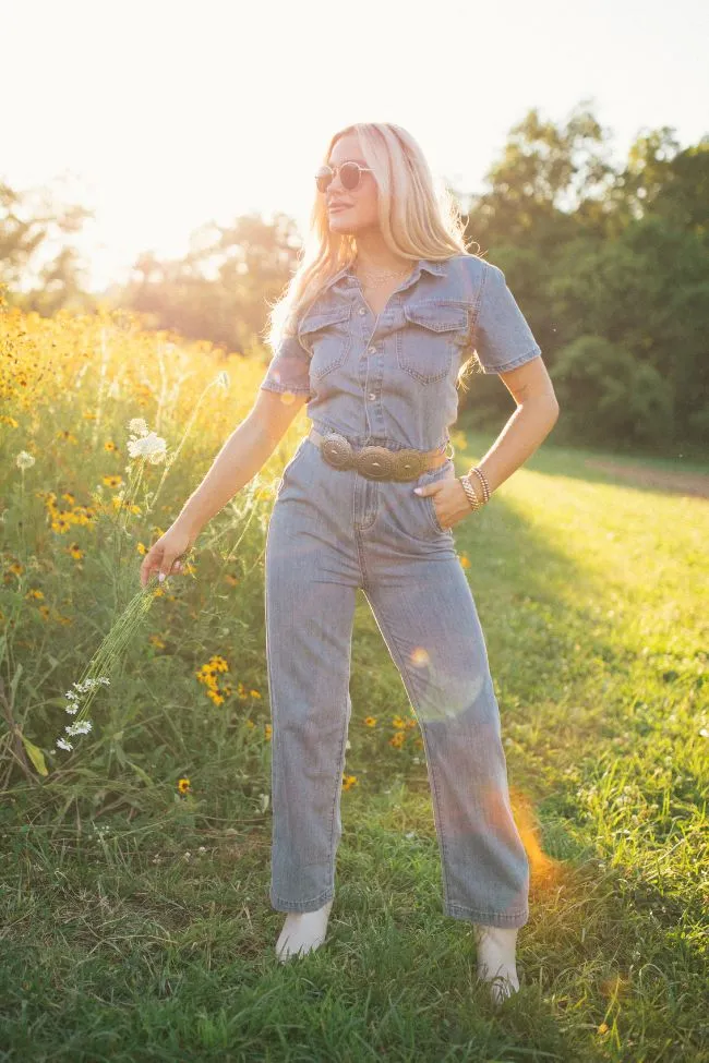 Chances Are Medium Wash Button Up Denim Jumpsuit FINAL SALE sold by Pink Lily