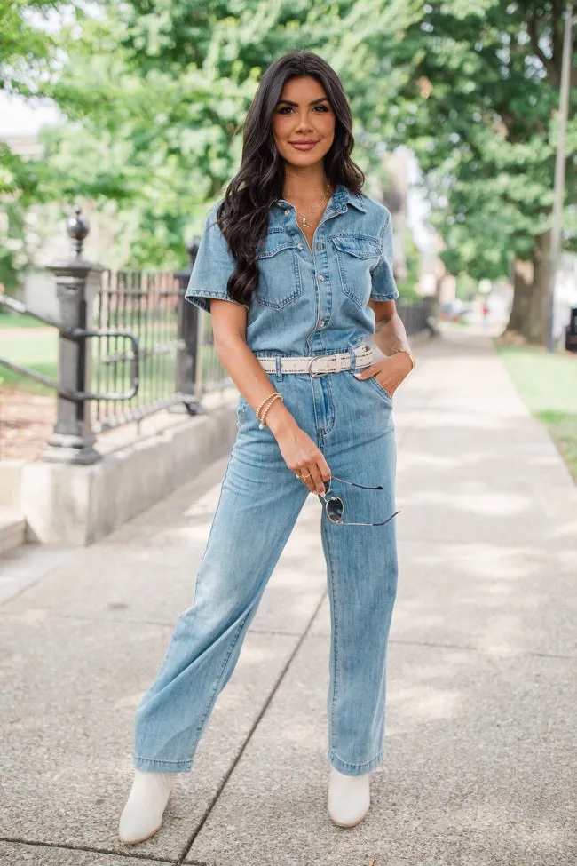 Chances Are Medium Wash Button Up Denim Jumpsuit FINAL SALE sold by Pink Lily product image thumbnail 2
