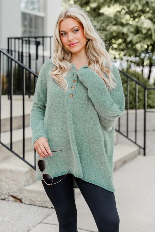 Thinking Of You Olive Fuzzy Henley Blouse sold by Pink Lily