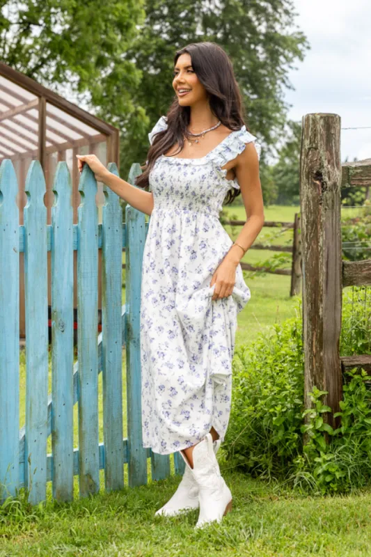 Lizzy Ruffle Smocked Top Blue Floral Maxi Dress SALE sold by Pink Lily