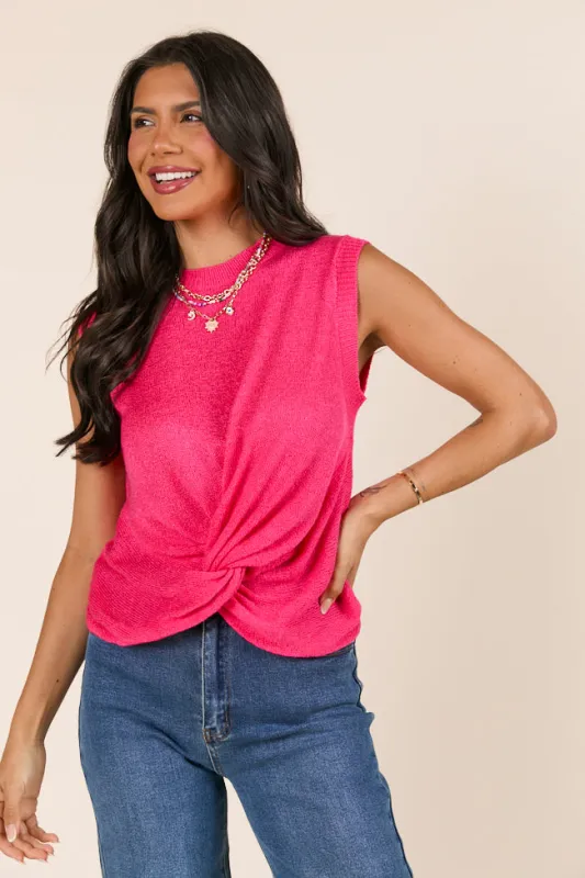 Natalie Sleeveless Pink Knot Front Sweater Tank sold by Pink Lily