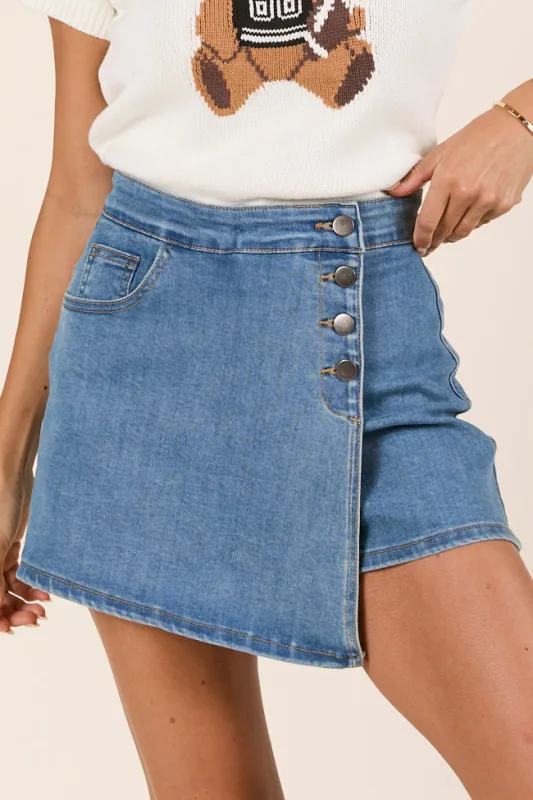 My Favorite Medium Wash Button Detail Skort sold by Pink Lily