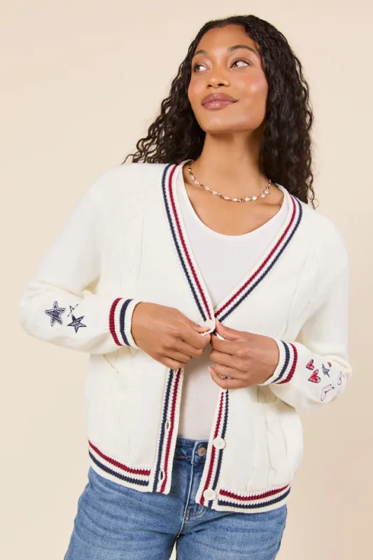 Brie Striped Trim Varsity Long Sleeve Cardigan sold by Pink Lily