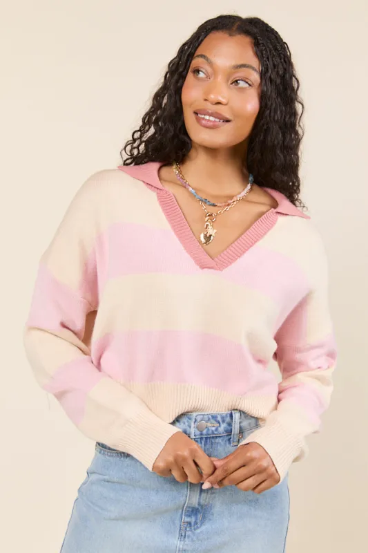 Hibiscus Pink and Cream Striped Collared V-Neck Sweater sold by Pink Lily