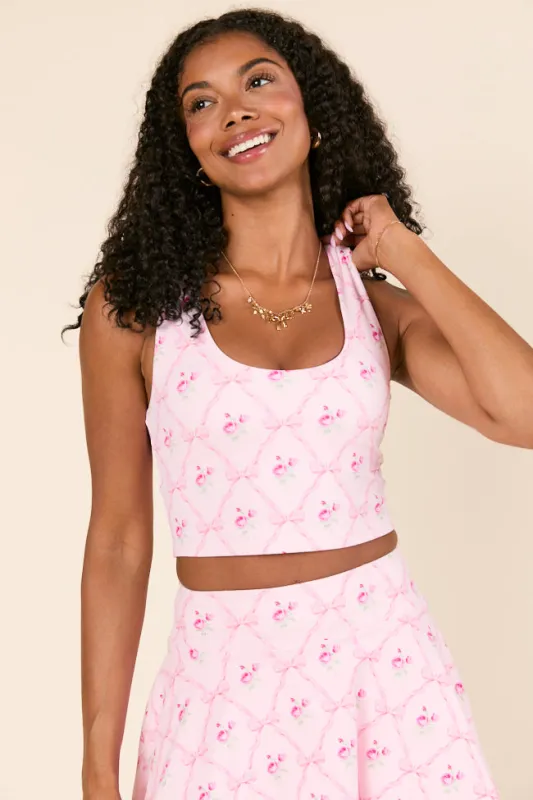Head Start Pink Floral and Bows Printed V-Shaped Back Active Top sold by Pink Lily
