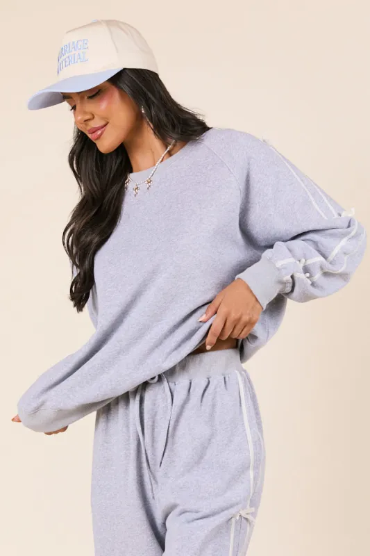 Kinley Heather Grey Side Bow Detail Crewneck Sweatshirt FINAL SALE made by Le Lis