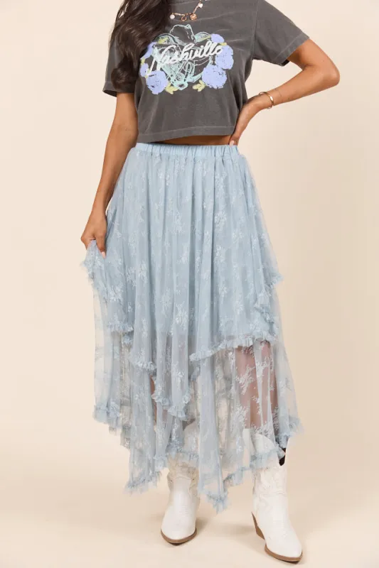 Cynthia Dusty Blue All Over Lace Hanky Hem Skirt sold by Pink Lily
