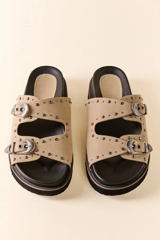 Effie Taupe Buckle Slide Sandals sold by Pink Lily