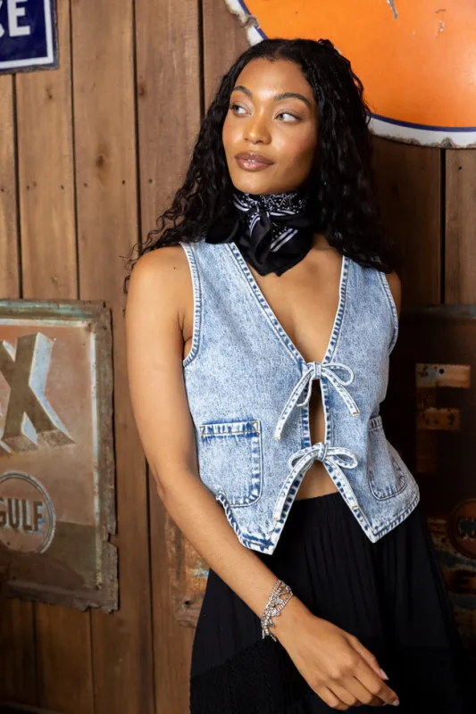 Demi Acid Washed Denim Front Tie Vest sold by Pink Lily