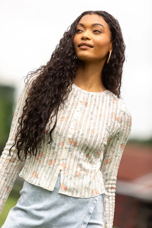 London Button Detail Floral Long Sleeve Knit Top SALE sold by Pink Lily