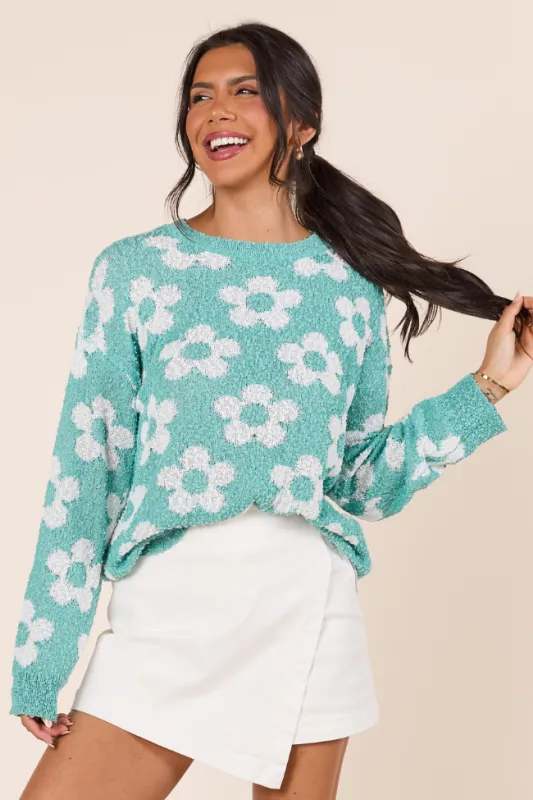 Teagan Long Sleeve Blue Floral Print Sweater FINAL SALE made by Pink Lily