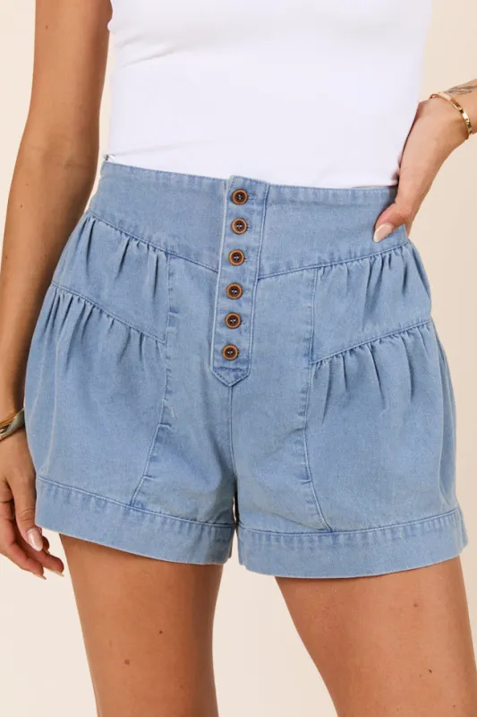 Amelia Tiered Medium Blue Denim Shorts sold by Pink Lily