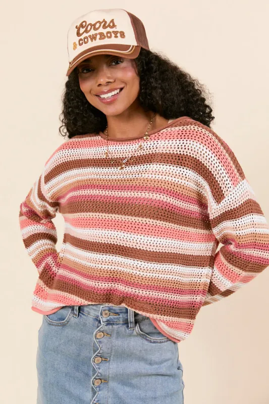 Raelyn Brown Striped Open Knit Sweater sold by Pink Lily