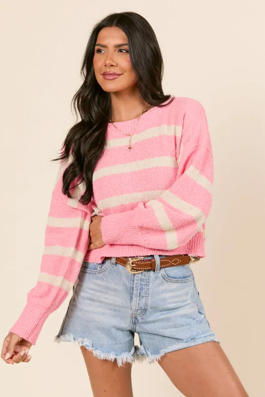 Rosey Long Sleeve Pink Striped Crewneck Sweater SALE sold by Pink Lily