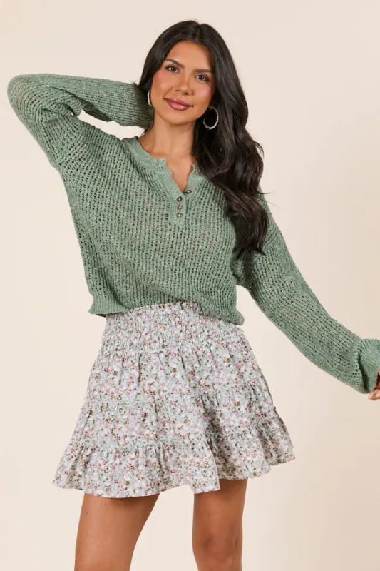 Lotus Long Sleeve Sage Open Knit Henley Sweater sold by Pink Lily