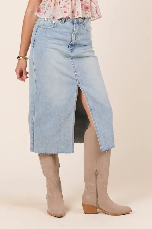 Mya Medium Wash Denim Midi Skirt sold by Pink Lily