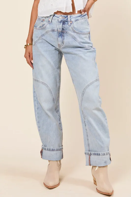 River Medium Light Denim Barrel Leg Jeans SALE sold by Pink Lily