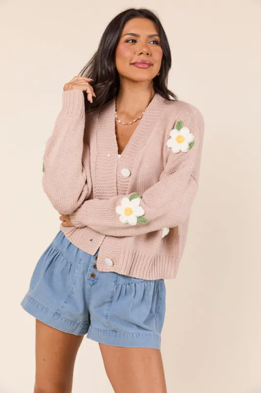 Samantha Long Sleeve Taupe Daisy Cardigan sold by Pink Lily