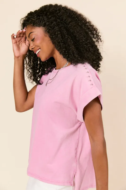Kamryn Pink Studded Acid Wash Tee FINAL SALE sold by Pink Lily