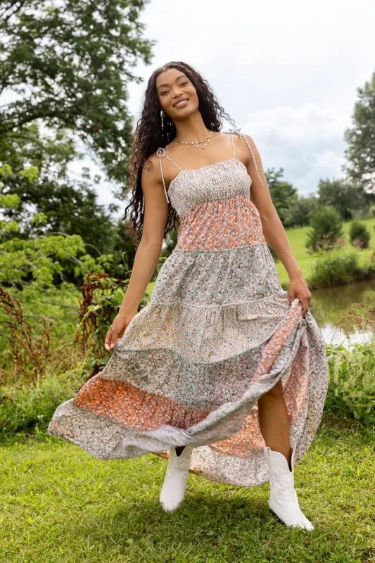 Essie Tiered Multi Floral Maxi Dress sold by Pink Lily