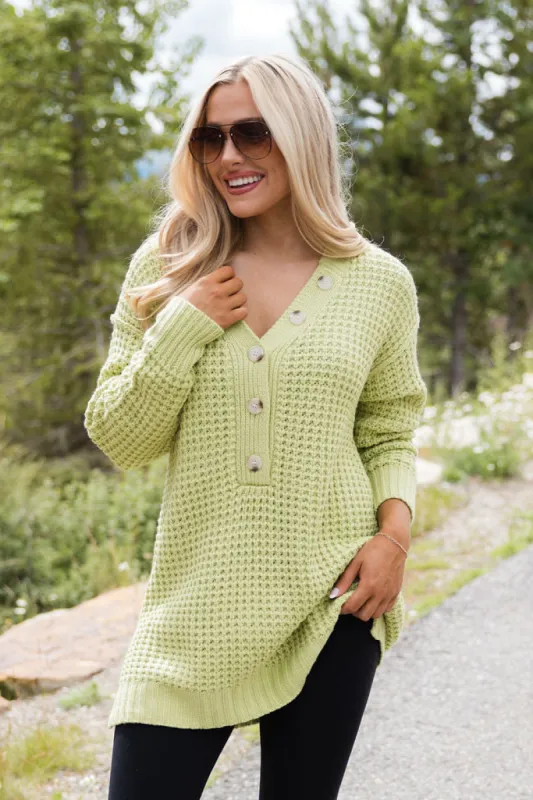Just Keep Going Lime Henley Waffle Sweater SALE sold by Pink Lily