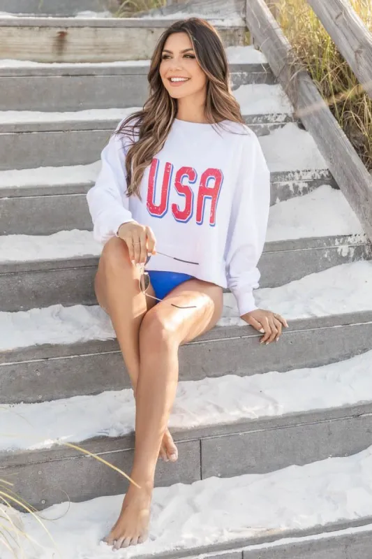 USA Distressed White Cropped Corded Graphic Sweatshirt made by Pink Lily