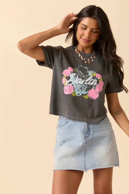 Darlin' Vintage Rose Dark Grey Boxy Graphic Tee sold by Pink Lily