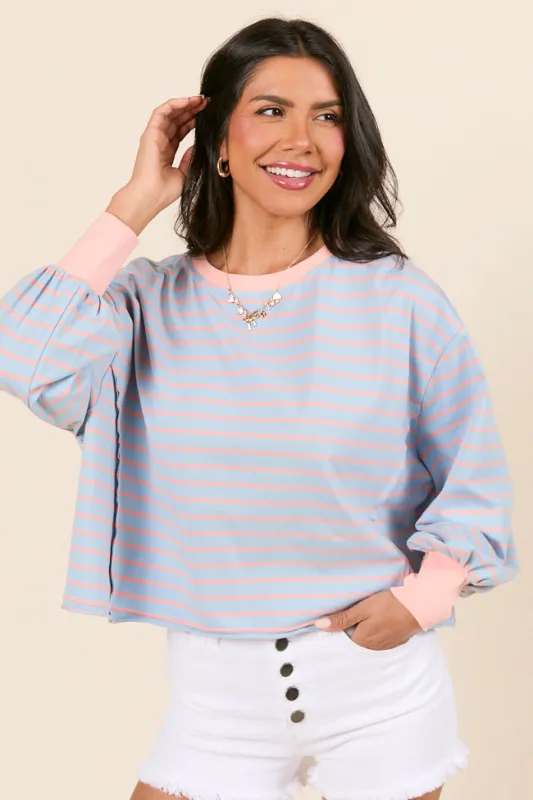 Susanna Long Sleeve Blue and Coral Stripe Knit Tee FINAL SALE sold by Pink Lily