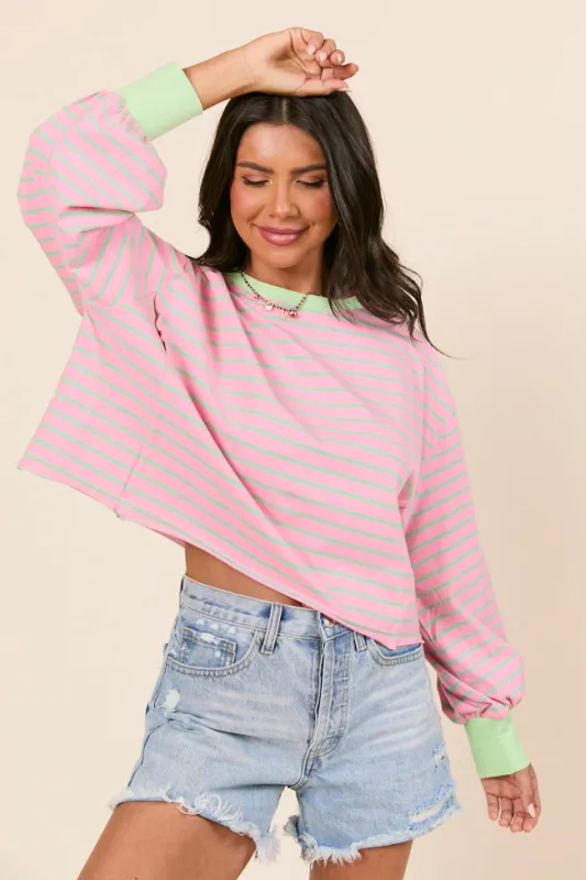 Susanna Long Sleeve Pink and Green Stripe Knit Tee FINAL SALE sold by Pink Lily