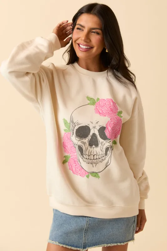 Skull and Roses Cream Graphic Sweatshirt sold by Pink Lily