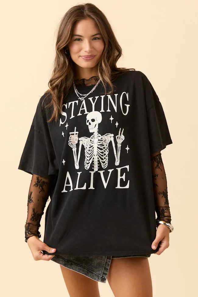 Staying Alive Black Oversized Graphic Tee DOORBUSTER sold by Pink Lily product image thumbnail 4