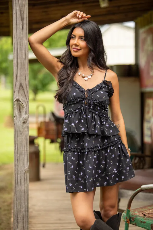 What It Takes Black Multi Floral Ruffle Tank And Skirt Set sold by Pink Lily