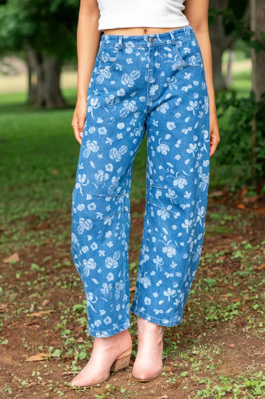 Katie Floral Printed Denim Barrel Jeans sold by Pink Lily