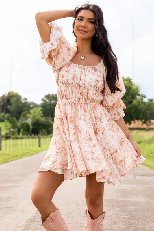 Misty Pink Floral Ruffle Sleeve Printed Dress SALE sold by Pink Lily