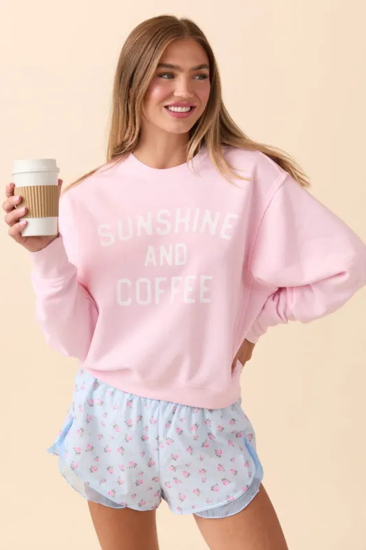 Sunshine and Coffee Soft Pink Raw Hem Fleece Graphic Sweatshirt sold by Pink Lily