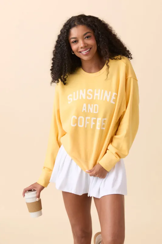 Sunshine and Coffee Yellow Raw Hem Fleece Graphic Sweatshirt sold by Pink Lily