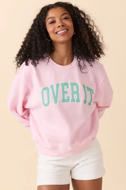 Over It Soft Pink Raw Hem Fleece Graphic Sweatshirt sold by Pink Lily