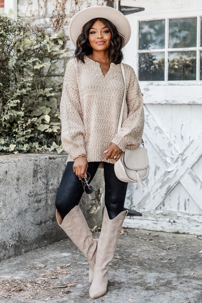 Worth It Tan Fuzzy Split Neck Sweater sold by Pink Lily product image thumbnail 3
