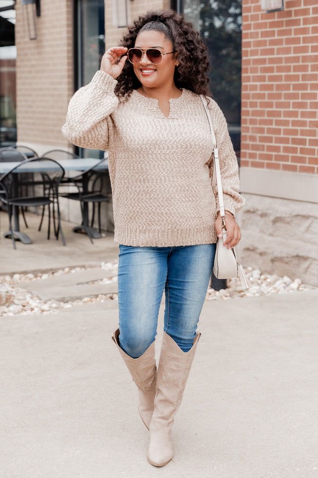 Worth It Tan Fuzzy Split Neck Sweater sold by Pink Lily product image thumbnail 9