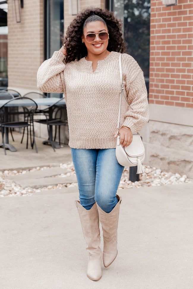 Worth It Tan Fuzzy Split Neck Sweater sold by Pink Lily product image thumbnail 8