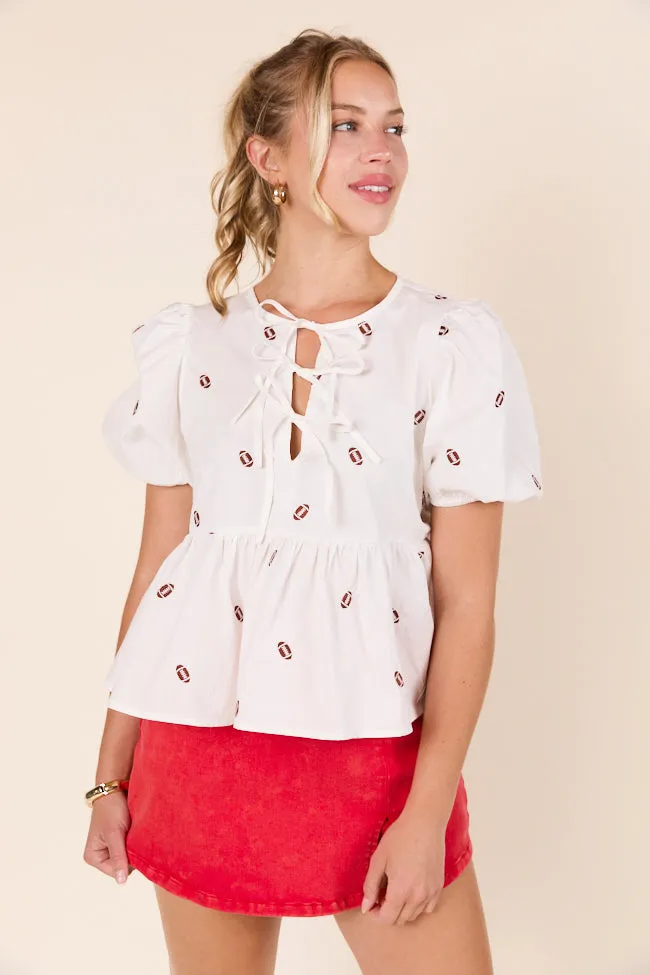 Angela Short Sleeve White Embroidered Football Peplum Top FINAL SALE sold by Pink Lily product image thumbnail 3