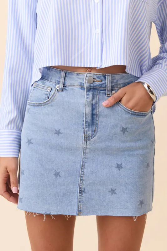 Katherine Star Print Denim Mini Skirt SALE sold by Pink Lily