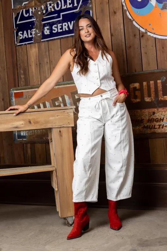 Eileen Bow Printed Denim Vest sold by Pink Lily