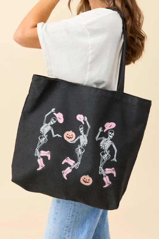 Dancing Skeletons Washed Black Graphic Tote Bag sold by Pink Lily