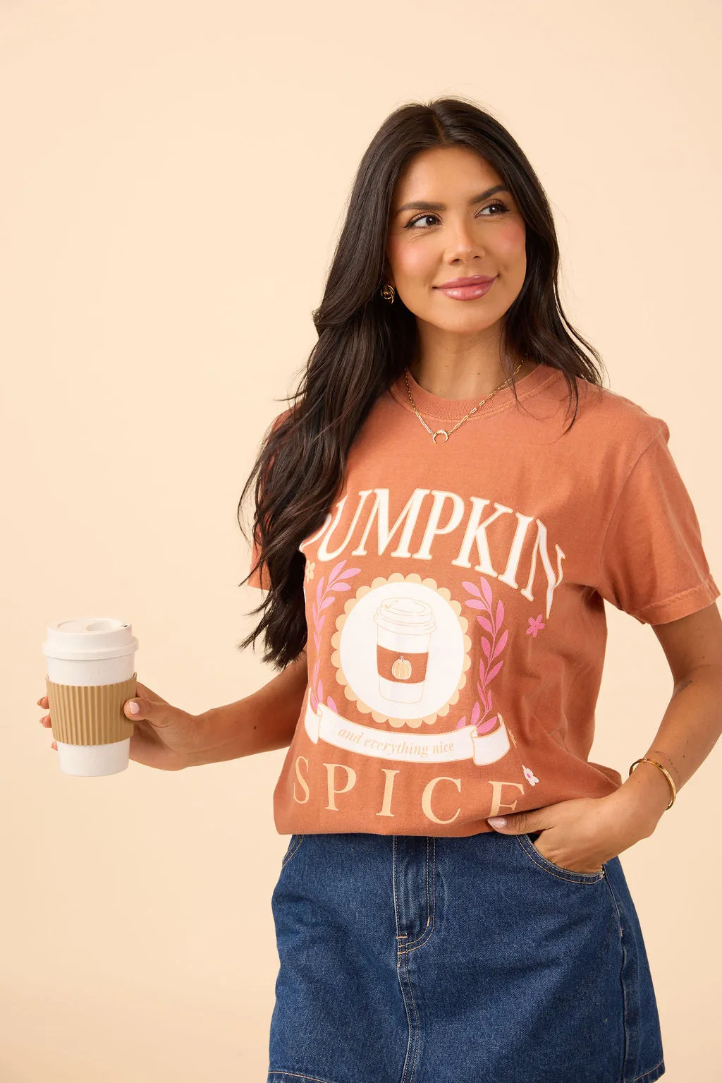 Pumpkin Spice And Everything Nice Rust Graphic Tee sold by Pink Lily