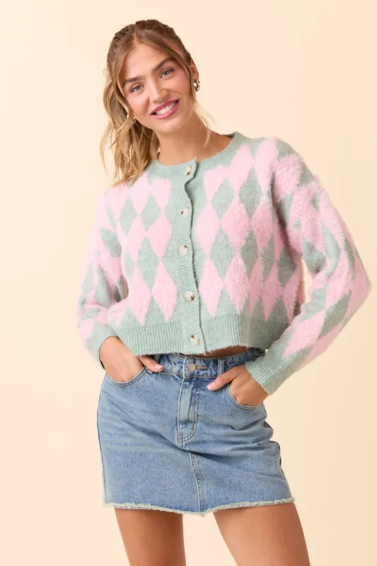 Peyton Long Sleeve Pink and Mint Argyle Cardigan sold by Pink Lily