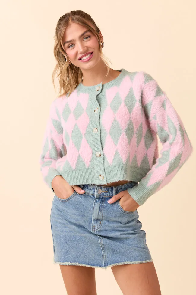 Peyton Long Sleeve Pink and Mint Argyle Cardigan SALE sold by Pink Lily