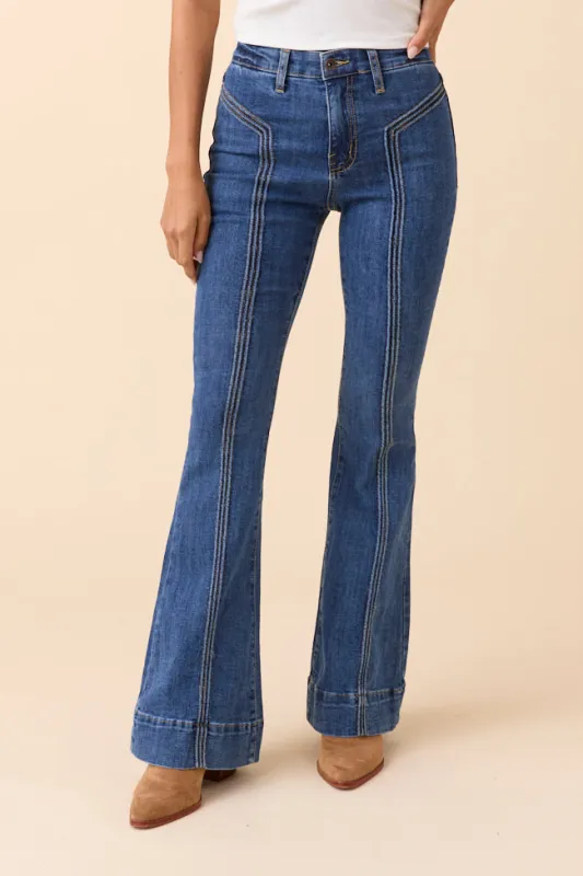 Meredith Medium Wash Seamed Flare Jeans sold by Pink Lily