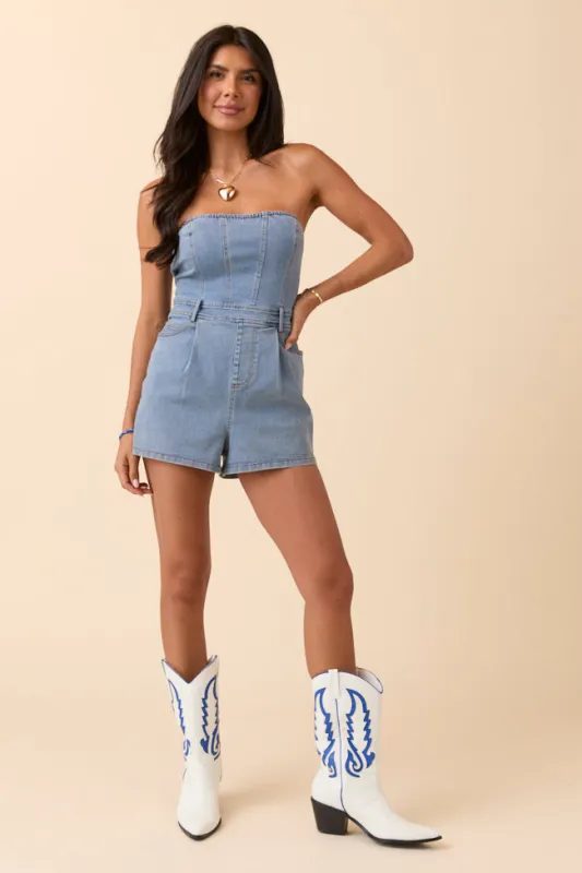 Jayla Strapless Denim Romper sold by Pink Lily